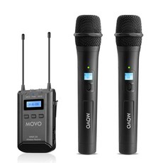 2개의 무선 마이크와 수신기를 갖춘 Movo 48채널 UHF 무선 마이크 시스템 - 인터뷰 및 공연용 콘덴서 마이크 번들 - 팟캐스트 장비 번들 2인용