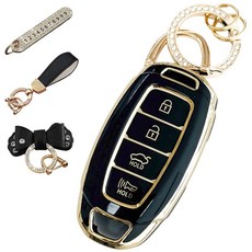 루루형제 현대 호환 자동차 프리미엄 TPU 키 케이스+번호키링+가죽스트랩+가죽리본, 다크블랙, AH-01