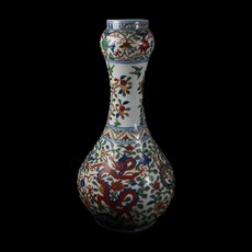 博古珍藏 明萬曆五彩龍紋花鳥蒜頭瓶 高40公分 早期收藏 老件文物瓷器 博物館級珍藏