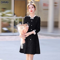 DFMEI 차이나 구오 빈티지 단추 원피스 블링블링 레드 원피스