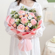 대형 뜨개꽃다발 털실 장미 (LED 전구와 쇼핑백 포함) 여자 선물, 1개, 분홍색