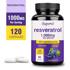 레스베라트롤 1000mg - 심장 건강 두뇌 지원 정신 집중력 면역 지원, 1개, 60정