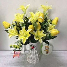 客廳仿真花百閤花鬱金香組閤幹花花束臥室擺設餐桌擺件套裝, 3束鬱金香百合+圓口花瓶（黃色）