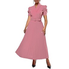 BINXIAD 여성용 롱 퍼프 Gigot 슬리브 벨트 맥시 드레스 브이넥 플리츠 드레스 캐주얼 드레스 블랙 쇼트. M