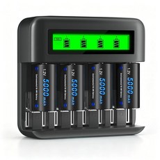 CITYORK 충전식 C 배터리 충전기 포함 4팩 5000mAh 사이즈 NiMH 스마트 LCD 범용 배터리 Ni-MH/Ni-CD AA AAA D USB 빠른 충전, CITYORK 충전식 C 배터리, 충전기 포함, 4팩