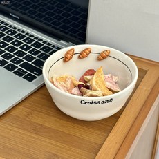 DFMEI 浮雕鹼水牛角包陶瓷碗家用高顏值餐具可愛米飯碗甜品碗糕點意麪盤, 1個, 5寸米飯碗, 參考詳情