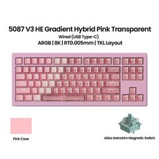 AKKO 아코 5087 V3 HE 마그네틱 키보드 80% TKL 레이아웃 빠른 트리거 0.005mm 8K 폴링 레이트 타입C 유선 커스텀 게이밍, Pink Wired 1