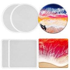 2팩 실리콘 딥 코스터 몰드 레진 공예 몰드 3 캐비티 몰드 원형 및 직사각형 에폭시 수지 컵받침 공예 용품 트레이 캐스팅 테이블 장식 몰드용 3D Res, 사각형+원형 코스터 트레이