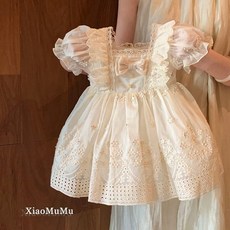 女童法式洛麗塔連衣裙 夏週歲禮服 寶寶生日公主裙 杏色
