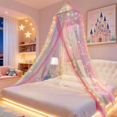 EIMILALY PRINCESS RAINBOW 침대 캐노피 250개의 장식 유니콘 파티용 테마 따뜻한 또는 여아 커튼 방 조명 화이트, 23.6"W x 102.4"L (Pack of 1), 유니콘 드림 캐처가 있는 무지개 침대 캐노피