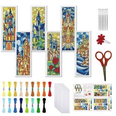 FREEBLOSS 십자수 책갈피 키트 6세트 11CT 컴플리트 십자수 키트 DIY 자수 책갈피 키트 성인 초보자용 설명서(한글이 아닐 수 있음) 고양이/물고기/꿀벌/꽃/딸기, Colored Glass Castle