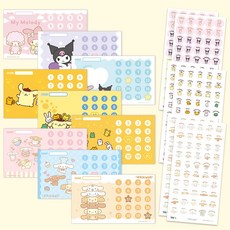 [1+1+1] [대용량] [스티커1 350개+판 27개] 산리오캐릭터즈 칭찬스티커 세트_미니사이즈, 마이멜로디&쿠로미1세트시나모롤1세트폼폼푸린1세트, 1세트