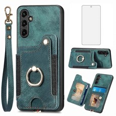 Asuwish 삼성 갤럭시 S23 FE 5G 지갑 커버 유리 액정보호필름 및 손목 스트랩 랜야드 RFID 신용 카드 홀더 링 스탠드 셀 액세서리 S 23 EF S23FE 23S, 초록색