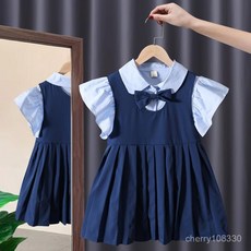 女童學院風連衣裙套裝：2023新款飛袖襯衫百褶裙，兒童春夏時尚穿搭首選