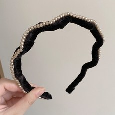 絲絨波浪髮箍 秋冬氣質頭箍 簡約時尚髮飾, 1個, 波浪絲絨珠珠髮箍-黑色