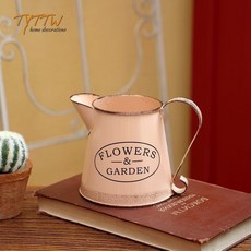 田園複古做舊花桶美式鐵皮花瓶鐵藝花盆花器花店插花花筒擺件, 奶粉色小把壺高13寬17口9CM