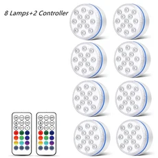 호환 원격 수중 풀 조명으로 업데이트된 LED IP68 자석 13 밝은 램프 RGB 연못/수영장/수족관용, 8 Light 2 Controller, 8.5CM, 1개