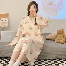 임산부 긴팔 잠옷 원피스 봄 가을 임부 프린트 긴팔 실내복 원피스 편안한 면 홈웨어 YLP