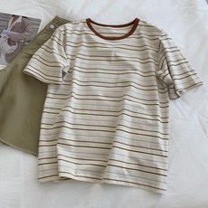 Yellwell 레트로 스트라이프 배색 반팔 티셔츠 여성용 여름 루즈핏 슬림핏 어깨라인 반소매 상의 LHK