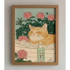 도쿄나이트 고양이 액자 감성 일러스트 인테리어 그림+액자 세트 11종, 4번옵션  치즈고양이 꽃욕조 (내추럴 우드 액자)