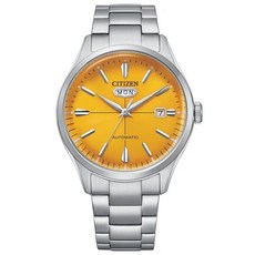 CITIZEN 自動上鍊機械錶 橘色錶盤 銀色錶帶