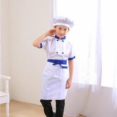 兒童小廚師表演服裝 幼兒園廚師職業工作服, 藍色藍邊短袖廚師,160cm