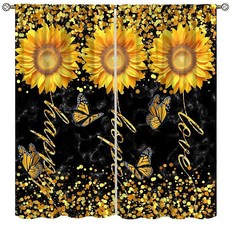 YCness 해바라기 나비 커튼 소박한 빈티지 플라워 스파클 창문 트리트먼트 주방 침실 거실 드레이프 106.7 x 114.4cm(42 x 45인치)