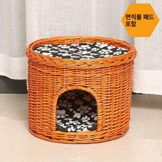 반려동물 고양이 라탄집 숨숨집 동굴 쉼터 반려묘 라탄하우스, 1개, 1단 대형 허니 쿠션 포함