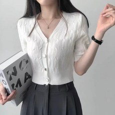 예쁨시전 봄 여름 데일리 강추 러블리 브이넥 꽈배기 반팔 크롭 니트 가디건