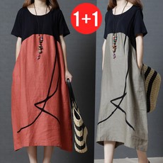 엘레스 리더스타 원피스 루즈핏 카키+주황 2장 여성원피스 반팔원피스 반팔 미디원피스