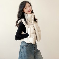 여성 포근 하이넥 크롭 루즈핏 패딩 자켓 면조끼 패딩조끼