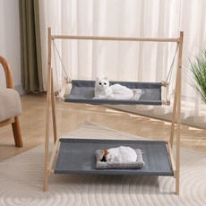 寵物貓吊床雙層實木貓架 懸掛式貓窩貓咪秋千搖搖椅, 1個, 玩睡一體搖搖床（12.5kg內可用）,雙層秋千床-灰色布