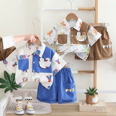 五小七童裝 2025夏款新款0-4歲中小童滿印卡通短袖襯衫兩件套組，柔軟舒適，透氣親膚