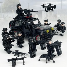 군사 건물 블록 세트 검은 경찰차 경찰 인형 조립 완구 가방, 인간의 새끼는 약 5cm 높이, 1개, 12가지 스타일+자동차 X034
