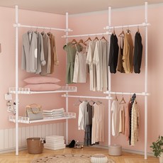 하이주 튼튼한 옷걸이봉+수납선반 세트 스프링식 압축봉 행거 너비조절 가능, 화이트, 5단+선반*2