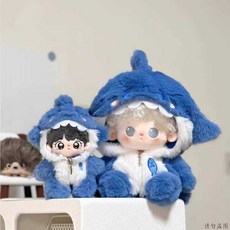 棉花娃娃娃衣可愛毛絨鲨魚連帽連體套裝，適用於10-20cm娃娃，冬季保暖毛絨玩具衣服, 1個, 連體藍鲨套裝,適合20cm棉花娃娃