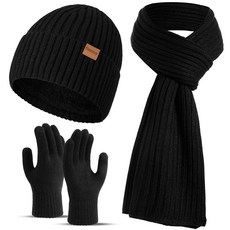 Floconssy 남성용 스카프 모자 장갑 세트 3피스 플리스 안감 비니 추운 날씨용 따뜻한 롱 장갑 네이비 단일 사이즈 159512, 블랙