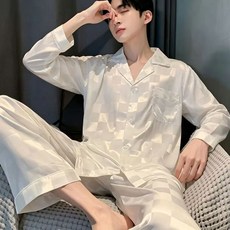 夏季新款仿真綢緞男士睡衣兩件組 薄款開襟休閒居家套裝