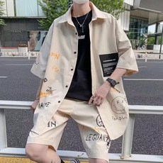 潮男必備小版男裝夏季新款休閒運動套裝男短袖襯衫潮牌五分短褲寬鬆港風兩件套