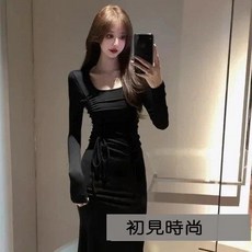 初見 甜辣洋裝 2023秋季新款法式氣質緊身顯瘦黑色長款魚尾裙 時尚女裝, 黑色,L