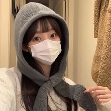 紅色繫帶針織帽圍脖一體 韓系百搭修飾臉型, 灰色綁帶護脖 顯臉小,均碼修飾臉型 韓系百搭, 1個