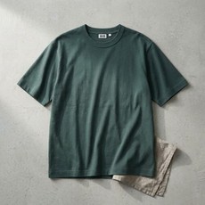 유니클로 에어리즘 코튼 오버사이즈 크루넥 T 5부 반팔티셔츠 다크그린