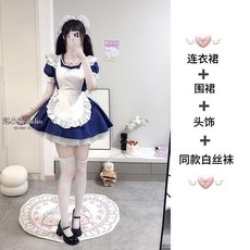 女僕四件套 蓬蓬公主裙 洛麗塔圍裙, 1個, 4件套 裙子+圍裙+頭飾+絲襪 ,XL 57.5-65.0公斤