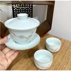 青瓷 三才蓋碗 陶瓷 描金 功夫茶具 茶碗 套裝, 如圖所示, 1個