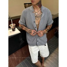 니트짜임 오픈카라 반팔셔츠 루즈핏 클래식 고급소재, 1개, 회색 XL