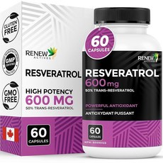 Renew Actives 레스베라트롤 보충제 1회 제공량당 600mg - 50% 트랜스 레스베라트롤이 함유된 고효능 항산화 복합체 - 세포 건강 및 수명 지원 - 캐나다산 -, Renew Actives 레스베라트롤 보충제 1회 제공, 1개