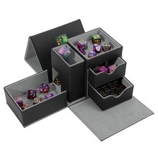 骰子收納盒 PU皮質卡盒 可折疊 便攜遊戲配件收納, 1個, 黑灰色