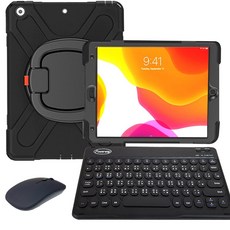 Powerway iPad 10.2吋(iPad 9/8/7)專用圓環型藍牙鍵盤保護殼，附贈同色無線滑鼠，無線藍牙連接，多角度支撐，輕巧便攜, 尊貴黑(黑色鍵帽/黑色滑鼠/黑色包護殼), 尊貴黑(黑色鍵帽/黑色滑鼠/黑色包護殼), 低噪音白軸