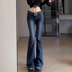 해피유통 여성용 고양이 허리 벨트 장식 부츠컷 플레어 데님 팬츠 봄 가을 패션