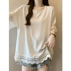 해피유통 여름 코디용 여성 블라우스 라운드넥 레이스